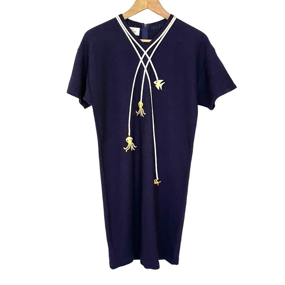 Vintage Steve Fabrikant Nautical Angler Fish Ornament Shift Mini Sweater Dress - Picture 7 of 7